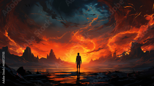 phantasy painting of a sunset with clouds and a person 