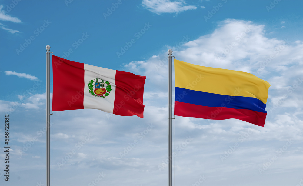 Colombia and Peru flags, country relationship concept Colombia and Peru flags, country relationship concept