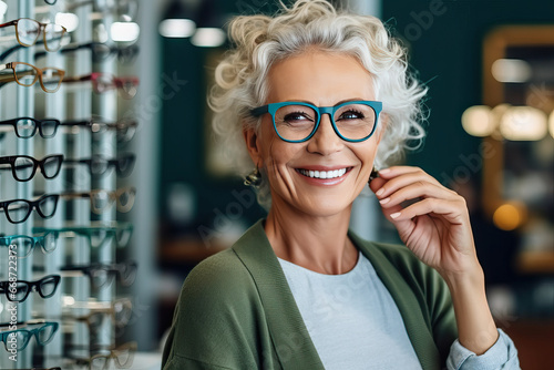 Happy mature woman chooses new glasses in an optical store. Eye care concept.
