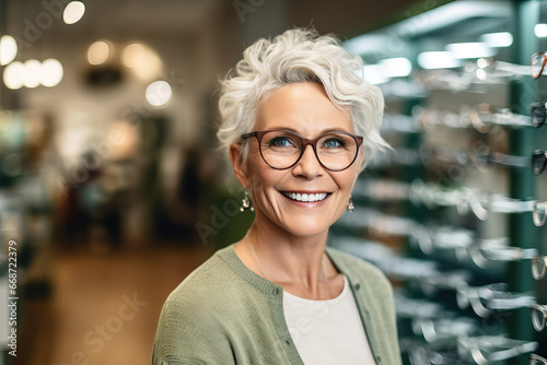 Happy mature woman chooses new glasses in an optical store. Eye care concept.