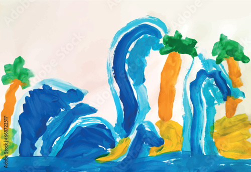 Gouache painting of coconut palmlike plants and waves, in the style of childs drawing photo