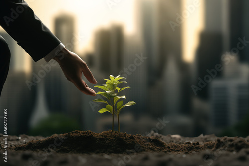 a businessman in suit holding a small sapling plant growing out of dirt, ESG Environmental, social, and corporate governance, Sustainability-Linked Bond SLB, Generative Ai. photo