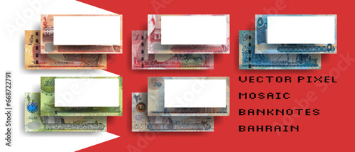 Vector set of pixel mosaic banknotes of Bahrain. Collection of bills in denominations of half dinar, 1, 5, 10 and 20 Bahraini dinars. Play money or flyers.
