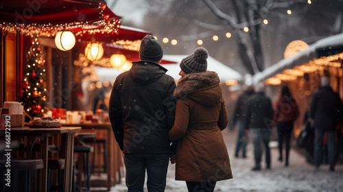 People at the Christmas market are happy and smiling, decorated christmas market, mulled wine in hands | Generative AI