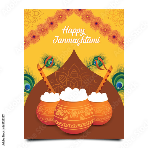 Happy Janmashtami festival poster template design with dahi handi and peacock feather