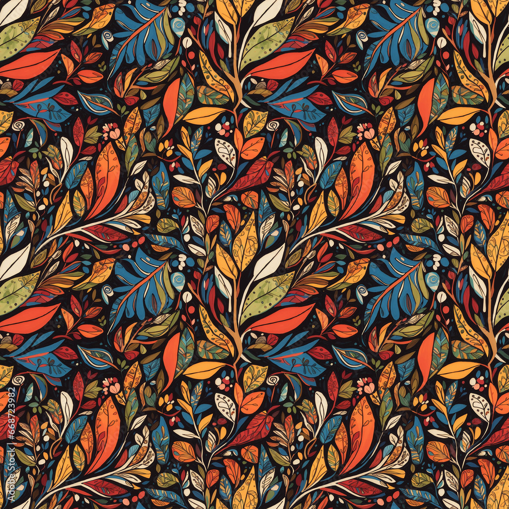 bright colorful leafy repeat pattern, nature theme seamless repeat pattern, generative ai