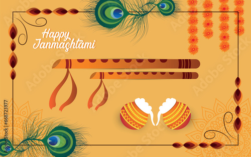 Happy Janmashtmi card with Krishna flute, dahi handi and peacock feather