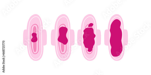 Feminine sanitary napkins with blood. Abundant and light menstruation. Volume and periodicity of the menstrual cycle icons. Vector illustration.