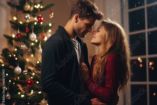 a happy couple standing in front of a christmas tree