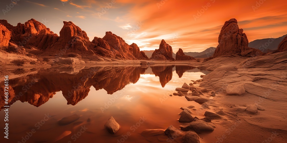 AI Generated. AI Generative. Red stones rock hill mountain desert with lake. Nature outdoor hiking adventure background. Amazing beautiful wild inspirational for trekking tour