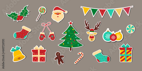 Christmas stickers large set. Vintage christmas and Happy New Year elements. Vector illustration. Isolated on brown background
