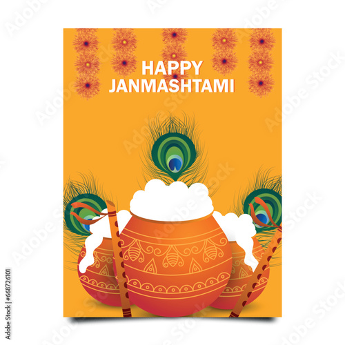 Happy Janmashtmi festival poster template design with dahi handi and peacock feather