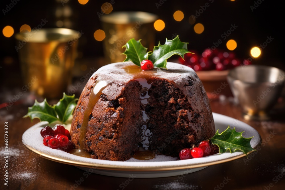christmas pudding cake with berries at xmas dinner