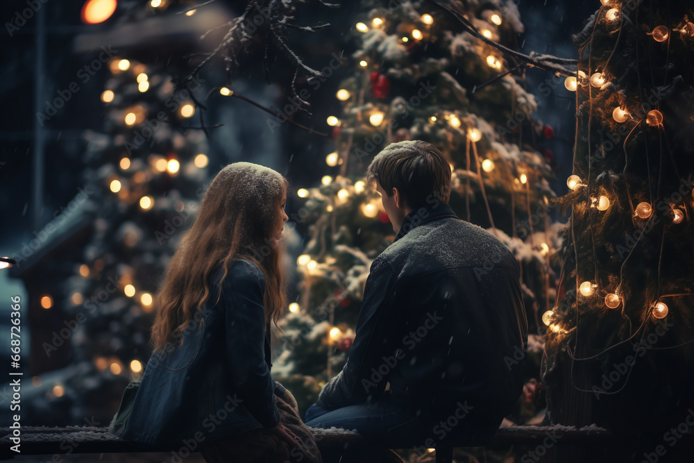 a happy couple standing in front of a christmas tree