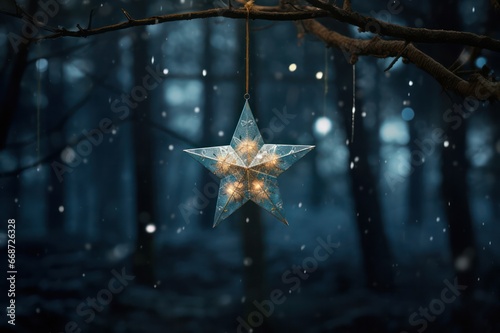 christmas star on tree branch decoration in winter forest at night