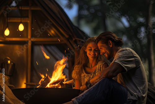 A loving couple shares a night camping in the forest