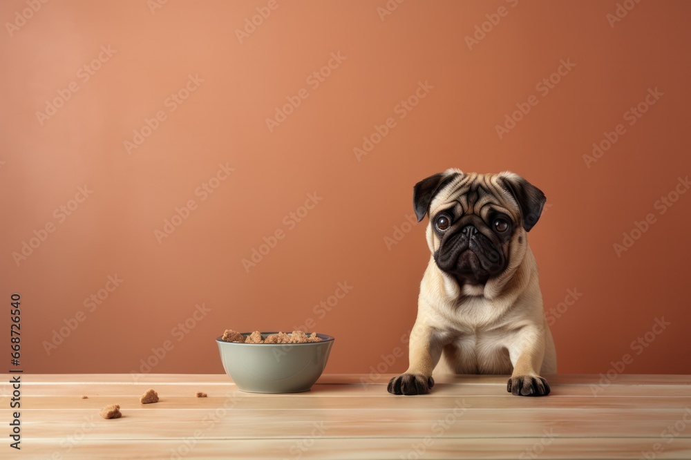 pug puppy with dog food in bowl on beige background