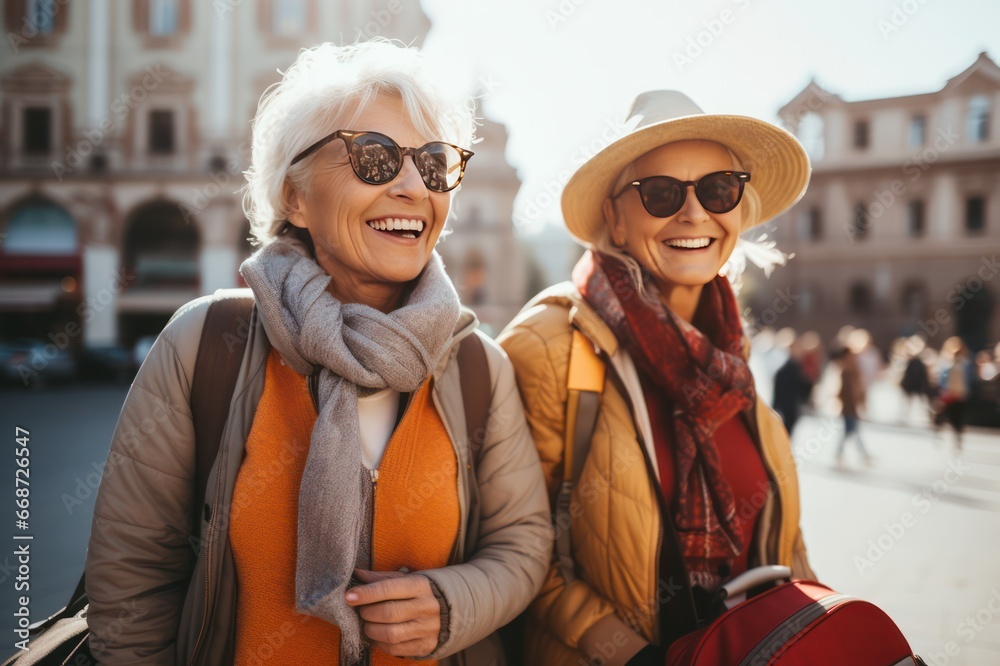 Senior women friends smiling closeup portrait traveling together. Travel agency ad poster targeting retired people. Senior women friends smiling closeup portrait traveling together. Travel agency ad poster targeting retired people.