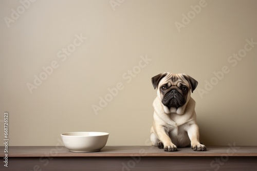 pug puppy with dog food in bowl on beige background