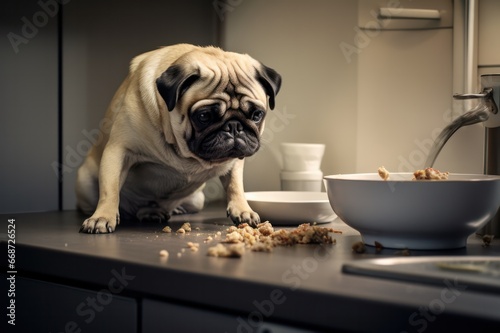 pug puppy with dog food in bowl in modern kitchen