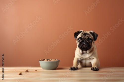 pug puppy with dog food in bowl on beige background © Dina