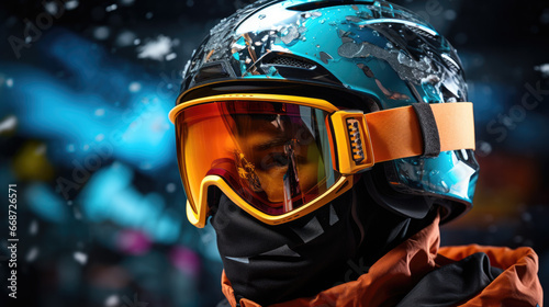 a winter athlete with a helmet and ski goggles