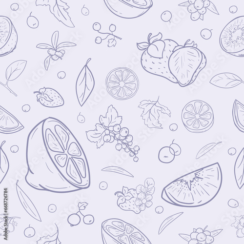 Seamless vector pattern for gift paper with berries and fruits containing vitamin C on a light background