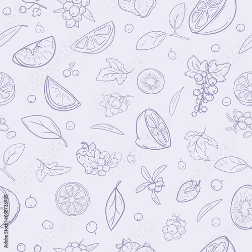 Seamless vector pattern for gift paper with berries and fruits containing vitamin C on a light background