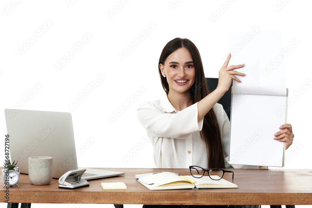businesswoman in formal wear showing empty clipboard