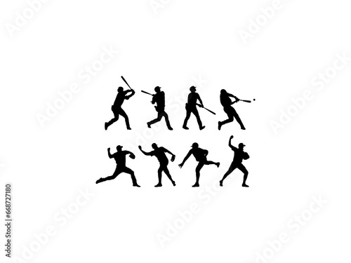 Set of Baseball Player Silhouette in various poses isolated on white background