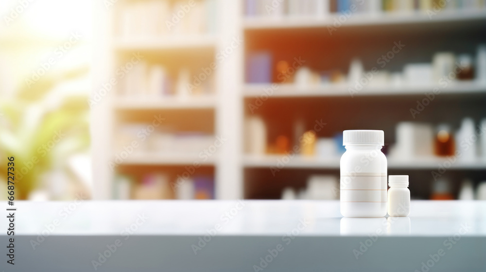 Unmarked medicine box on a pharmacy counter with blurred shelving units in the background. Unmarked medicine box on a pharmacy counter with blurred shelving units in the background.