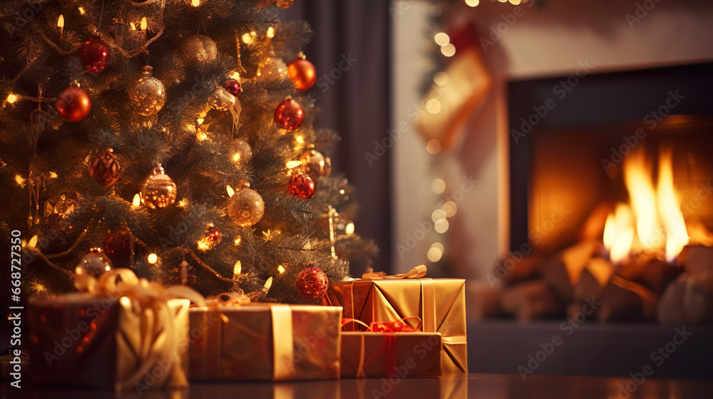 Living room decorated for Christmas with a Christmas tree, baubles, gifts and xmas presents, candlelight and fireplace | Generative AI