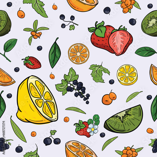  Bright seamless vector pattern for gift paper with berries and fruits containing vitamin C on a light background