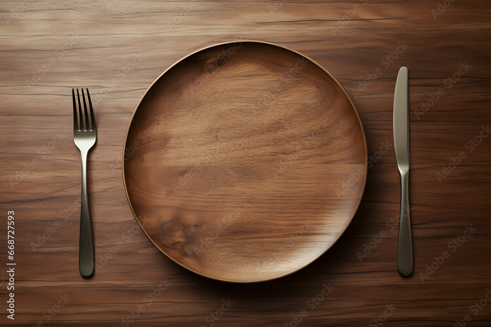 Minimalistisches Gedeck: Leerer Teller und Besteck auf neutralem Hintergrund Minimalistisches Gedeck: Leerer Teller und Besteck auf neutralem Hintergrund