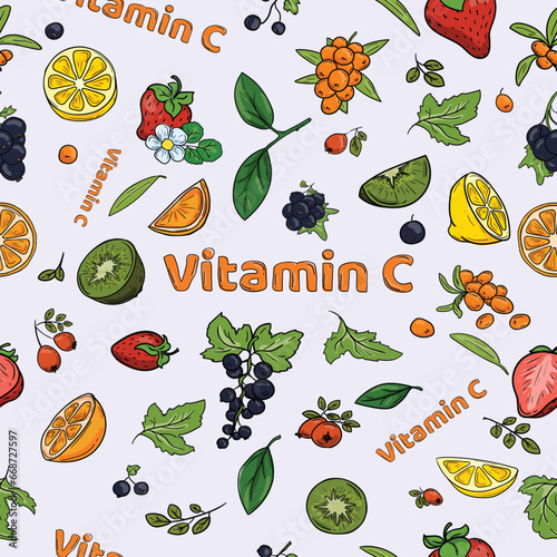  Bright seamless vector pattern for gift paper with berries and fruits containing vitamin C on a light background