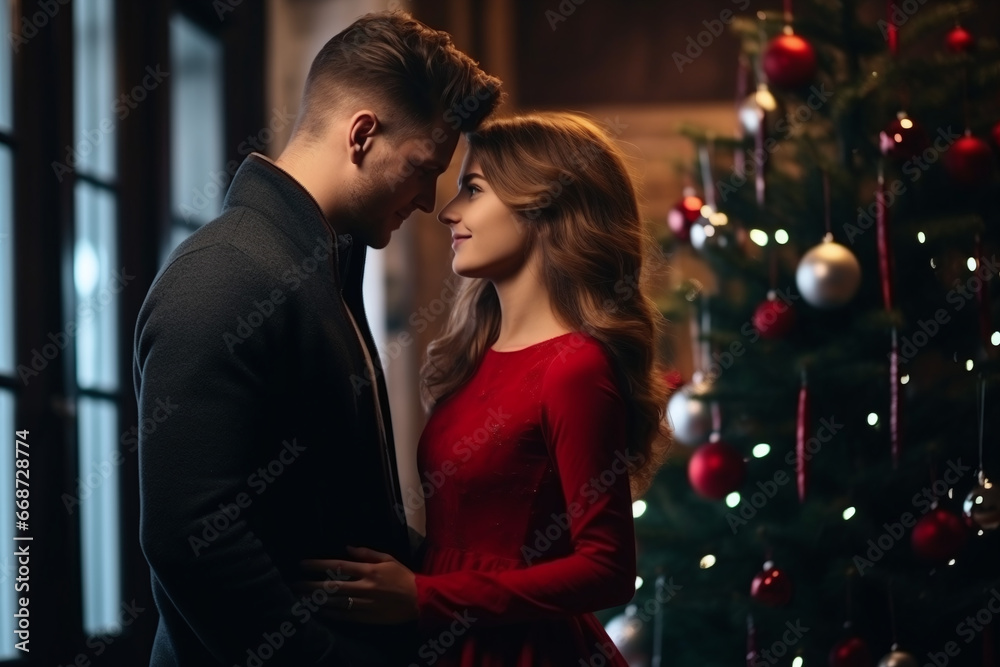 a happy couple standing in front of a christmas tree a happy couple standing in front of a christmas tree