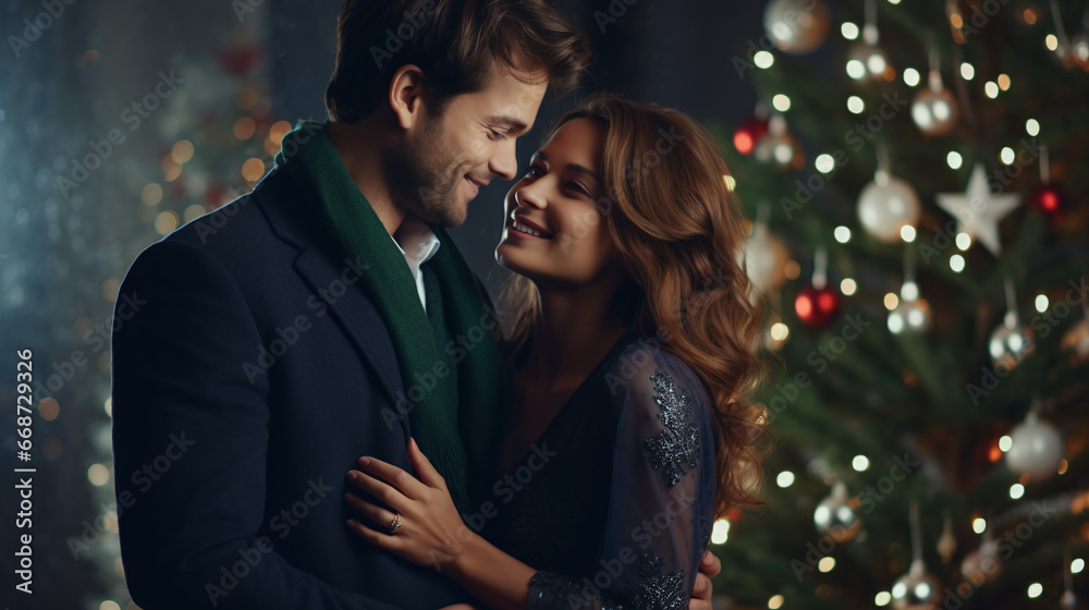 a happy couple standing in front of a christmas tree