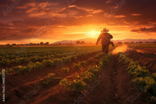 photograph of a farmer picking lettuce from his garden. Image of a very large lettuce plantation. Photograph at sunset.