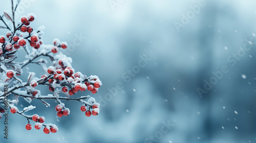 Banner with snowy rowan. Winter postcard with copy space. Generative AI
