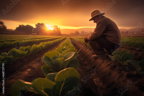 photograph of a farmer picking lettuce from his garden. Image of a very large lettuce plantation. Photograph at sunset.