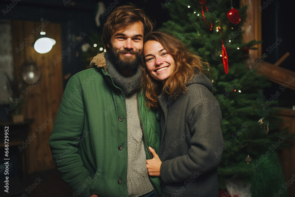 a happy couple standing in front of a christmas tree a happy couple standing in front of a christmas tree