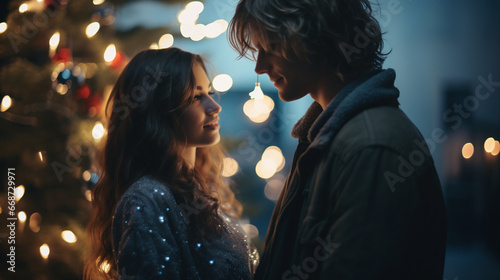 a happy couple standing in front of a christmas tree