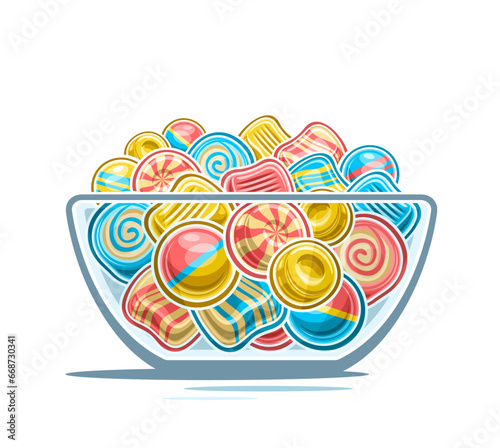 Vector Candy Bowl, decorative poster with outline illustration of multi colored candy composition, sweet print with cartoon design hard candies and bubble gums in transparent dish on white background