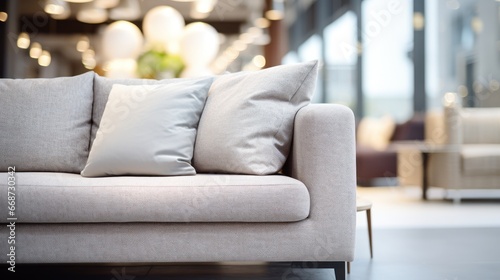 Sofa showcased against a blurred, bokeh-lit furniture store background.