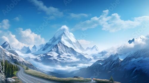 majestic snow-capped mountain with a winding road leading up to it and a bright blue sky overhead