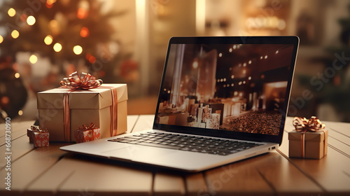 Shopping for Christmas gifts online, online shop for Christmas with laptop and technology, table with gifts and presents photo