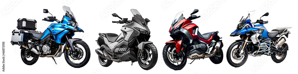 Collection of touring motorcycles on transparent background PNG. Motorcycle touring concept.