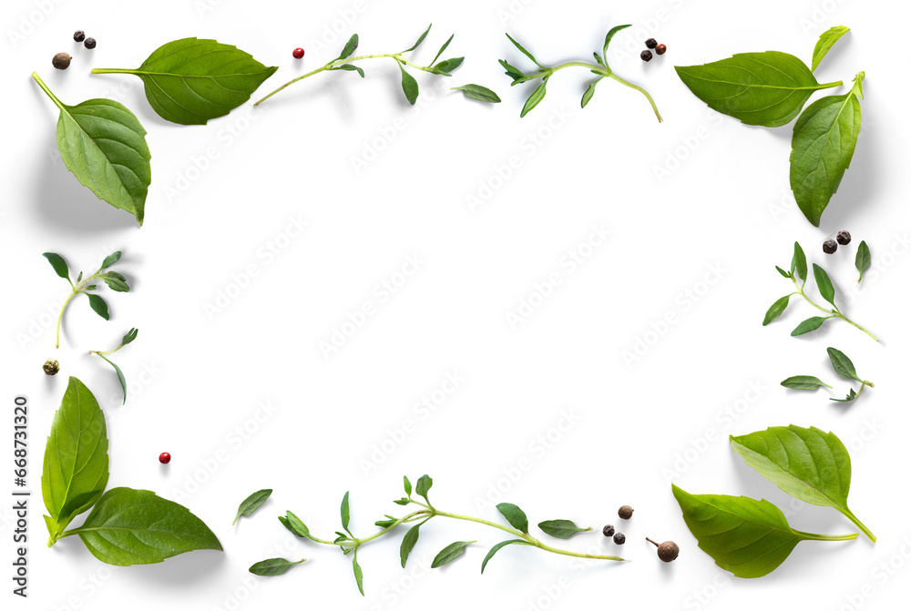 cooking composition frame border. Fresh green organic basil leaves, thyme and peper isolated on white background. Transparent background and natural transparent shadow; Ingredient, spice for cooking. 