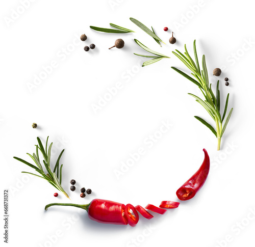 mexican frame border Fresh green organic rosemary leaves and red hot chilli pepper isolated on white background. Transparent background and natural transparent shadow; Ingredient, spice for cooking. c