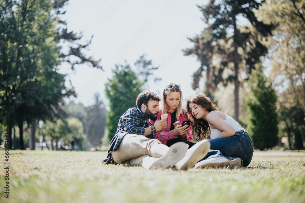 Carefree friends enjoy ice cream in a sunny park, laughing and socializing, surrounded by nature. Positive energy and joyful moments characterize their leisure time together.